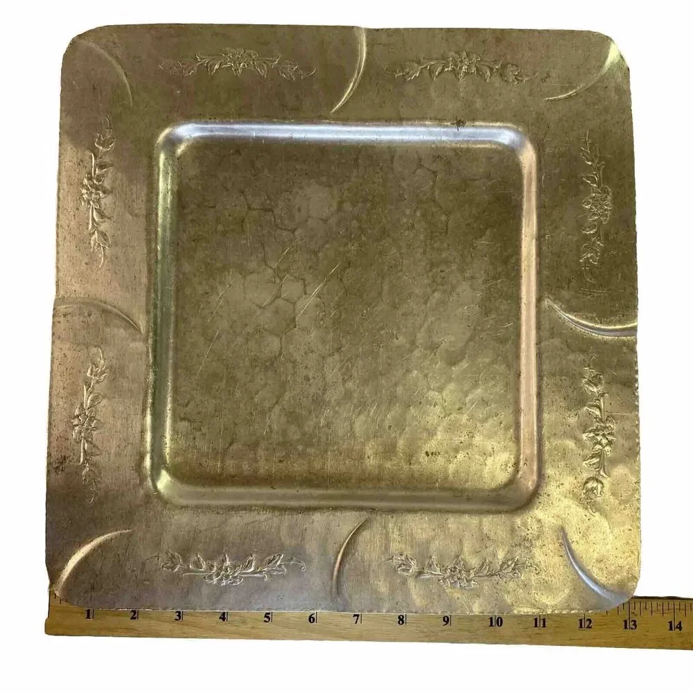 EMPC Hammered Aluminum Tray Square Intaglio Design 50s Floral Wall Hang 13